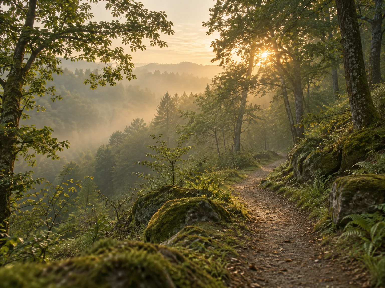 A quiet woodland path curves toward soft morning light.